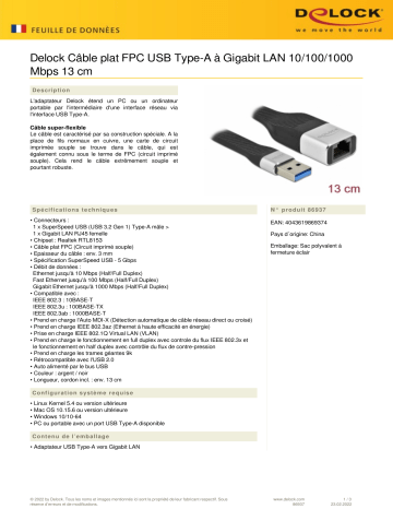DeLOCK 86937 FPC Flat Ribbon Cable USB Type-A to Gigabit LAN 10/100/1000 Mbps 13 cm Fiche technique | Fixfr