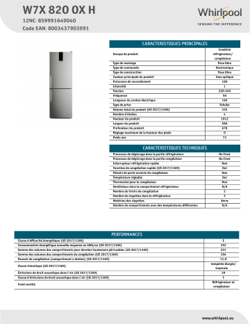 Whirlpool W7X 82O OX H Fridge/freezer combination Manuel utilisateur | Fixfr