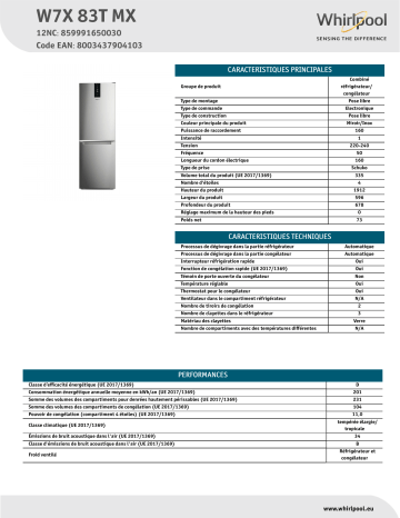 Whirlpool W7X 83T MX Fridge/freezer combination Manuel utilisateur | Fixfr