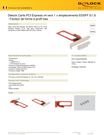 DeLOCK 90055 PCI Express x4 Card to 1 x EDSFF E1.S Slot - Low Profile Form Factor Fiche technique | Fixfr