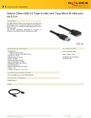 DeLOCK 87798 Cable USB 3.0 Type-A male to Type Micro-B male Fiche technique | Fixfr
