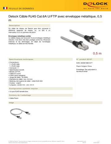 DeLOCK 80107 RJ45 Cable Cat.6A U/FTP Fiche technique | Fixfr