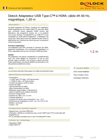 DeLOCK 66685 USB Type-C™ to HDMI Adapter Cable 4K 60 Hz magnetic 1.20 m Fiche technique | Fixfr