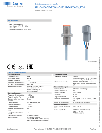 Baumer IR18V.P08S-F50.NO1Z.9BDU/0035_E011 Inductive proximity switch Fiche technique | Fixfr