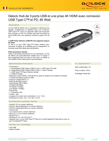 DeLOCK 64171 3 Port USB Hub and 4K HDMI output Fiche technique | Fixfr