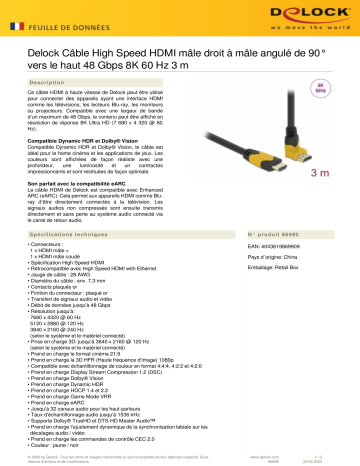 DeLOCK 86990 High Speed HDMI cable male straight to male 90° upwards angled 48 Gbps 8K 60 Hz 3 m Fiche technique | Fixfr