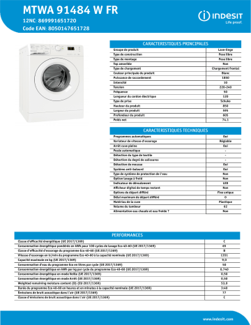 Indesit MTWA 91484 W FR Washing machine Manuel utilisateur | Fixfr