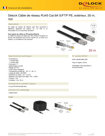 DeLOCK 80132 RJ45 Network Cable Cat.6A S/FTP PE Outdoor 20 m black Fiche technique | Fixfr