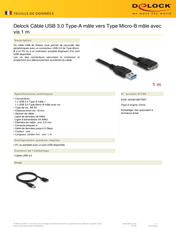 DeLOCK 87799 Cable USB 3.0 Type-A male to Type Micro-B male Fiche technique | Fixfr