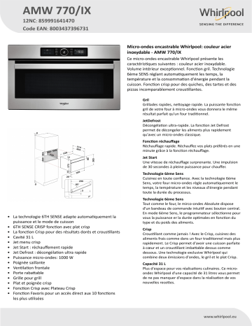 Whirlpool AMW 770/IX Microwave Manuel utilisateur | Fixfr