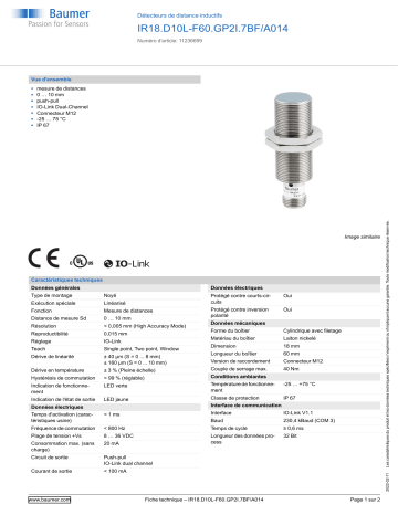 Baumer IR18.D10L-F60.GP2I.7BF/A014 Inductive distance sensor Fiche technique | Fixfr
