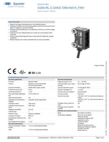 Baumer O200.RL.C-GW2I.72NV/A014_FIN1 Retro-reflective sensor Fiche technique | Fixfr