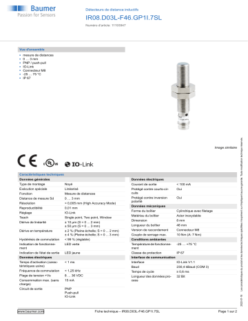 Baumer IR08.D03L-F46.GP1I.7SL Inductive distance sensor Fiche technique | Fixfr