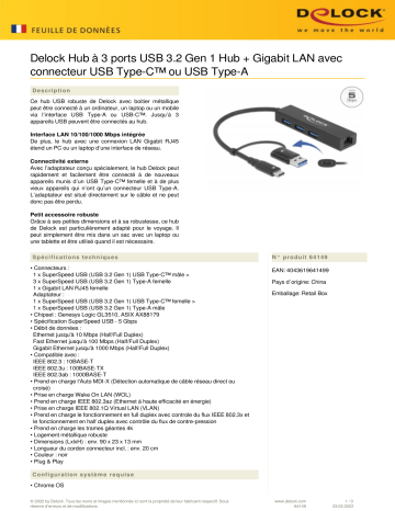 DeLOCK 64149 3 Port USB 3.2 Gen 1 Hub + Gigabit LAN Fiche technique | Fixfr