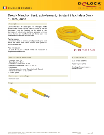 DeLOCK 20874 Woven Sleeve self-closing heat-resistant 5 m x 19 mm yellow Fiche technique | Fixfr