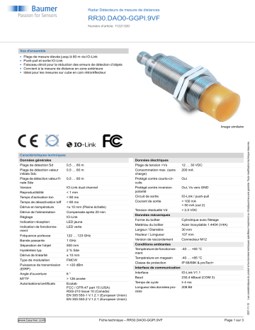 Baumer RR30.DAO0-GGPI.9VF Radar distance measuring sensor Fiche technique | Fixfr