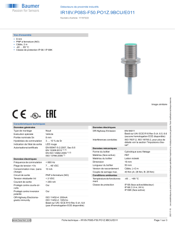 Baumer IR18V.P08S-F50.PO1Z.9BCU/E011 Inductive proximity switch Fiche technique | Fixfr