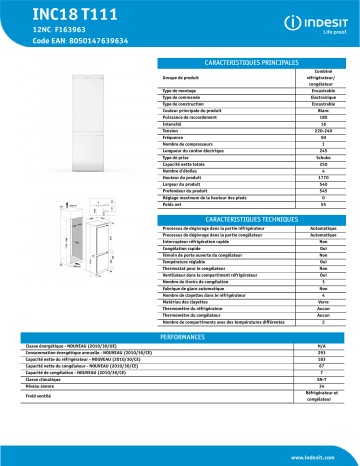 Indesit INC18 T111 Fridge/freezer combination Manuel utilisateur | Fixfr