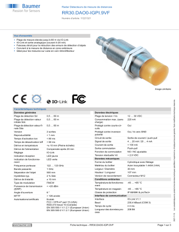 Baumer RR30.DAO0-IGPI.9VF Radar distance measuring sensor Fiche technique | Fixfr