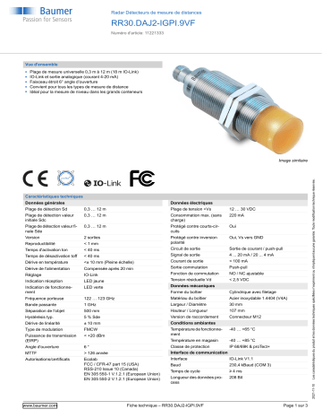 Baumer RR30.DAJ2-IGPI.9VF Radar distance measuring sensor Fiche technique | Fixfr