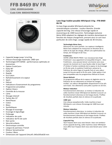 Whirlpool FFB 8469 BV FR Washing machine Manuel utilisateur | Fixfr