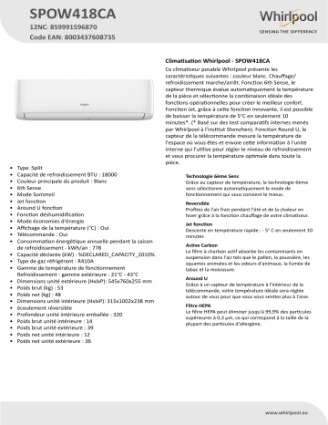 Whirlpool SPOW418CA Air Conditioner Manuel utilisateur | Fixfr