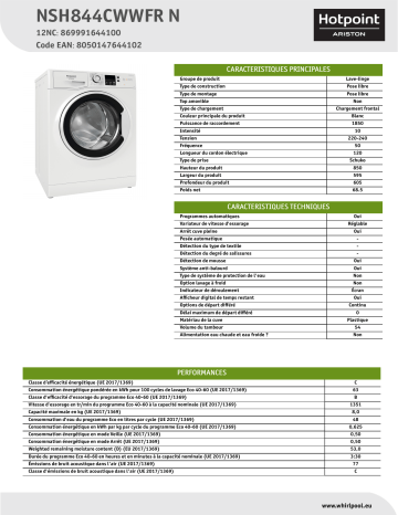 HOTPOINT/ARISTON NSH844CWWFR N Washing machine Manuel utilisateur | Fixfr