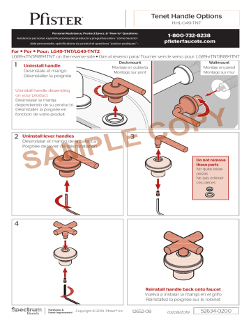 Pfister Tenet HHl-089TNTBG Single Shower Cross Handle Manuel utilisateur | Fixfr