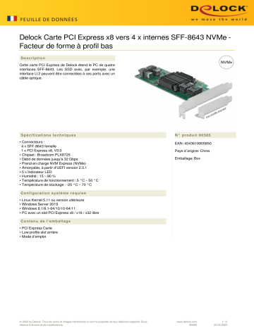 DeLOCK 90585 PCI Express x8 Card to 4 x internal SFF-8643 NVMe - Low Profile Form Factor Fiche technique | Fixfr