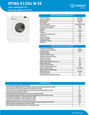 Indesit MTWA 91284 W EE Washing machine Manuel utilisateur | Fixfr