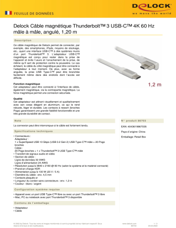 DeLOCK 86703 Magnetic Thunderbolt™ 3 USB-C™ Cable 4K 60 Hz male to male angled 1.20 m Fiche technique | Fixfr
