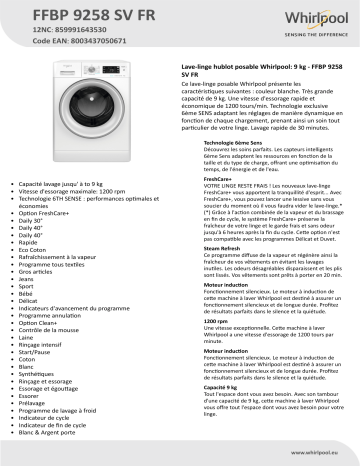 Whirlpool FFBP 9258 SV FR Washing machine Manuel utilisateur | Fixfr