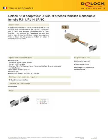 DeLOCK 66770 Adapter D-Sub 9 pin female to RJ11/RJ14 6P/4C female Assembly Kit Fiche technique | Fixfr