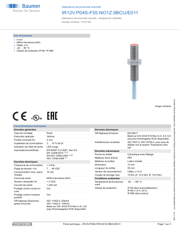 Baumer IR12V.P04S-F55.NO1Z.9BCU/E011 Inductive proximity switch Fiche technique | Fixfr