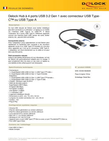 DeLOCK 63828 4 Port USB 3.2 Gen 1 Hub Fiche technique | Fixfr