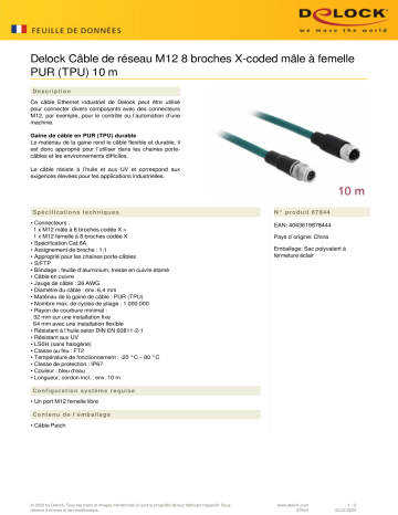 DeLOCK 87844 Network cable M12 8 pin X-coded male to female PUR (TPU) 10 m Fiche technique | Fixfr