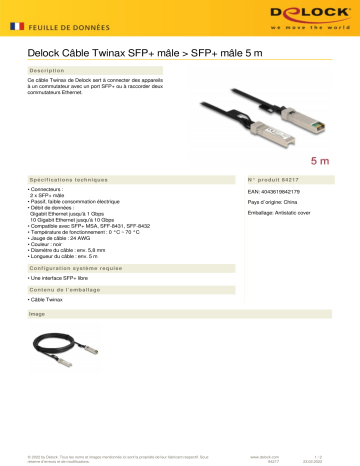 DeLOCK 84217 Cable Twinax SFP+ male to SFP+ male 5 m Fiche technique | Fixfr