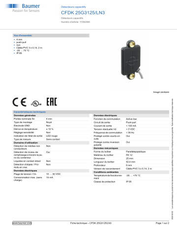 Baumer CFDK 25G3125/LN3 Capacitive proximity sensor Fiche technique | Fixfr