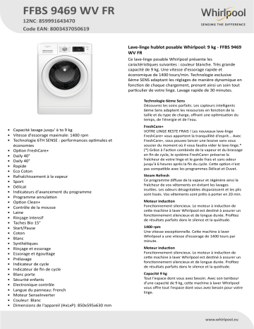 Whirlpool FFBS 9469 WV FR Washing machine Manuel utilisateur | Fixfr