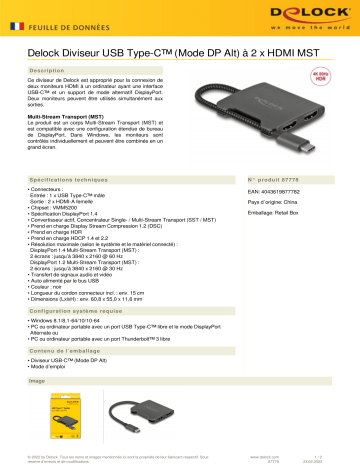 DeLOCK 87778 USB Type-C™ Splitter (DP Alt Mode) to 2 x HDMI MST 4K 60 Hz Fiche technique | Fixfr