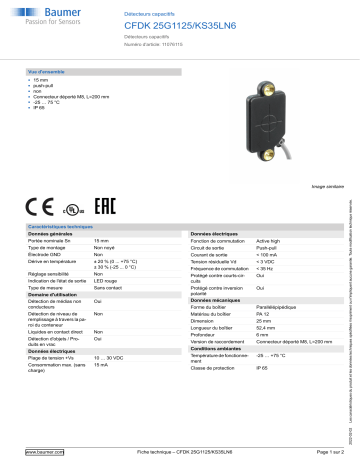 Baumer CFDK 25G1125/KS35LN6 Capacitive proximity sensor Fiche technique | Fixfr