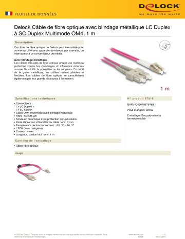 DeLOCK 87916 Fiber Optical Cable Fiche technique | Fixfr