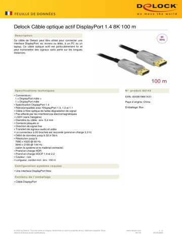 DeLOCK 84143 Active Optical Cable DisplayPort 1.4 8K 100 m Fiche technique | Fixfr