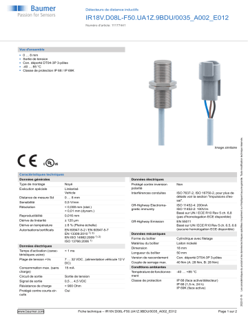 Baumer IR18V.D08L-F50.UA1Z.9BDU/0035_A002_E012 Inductive distance sensor Fiche technique | Fixfr