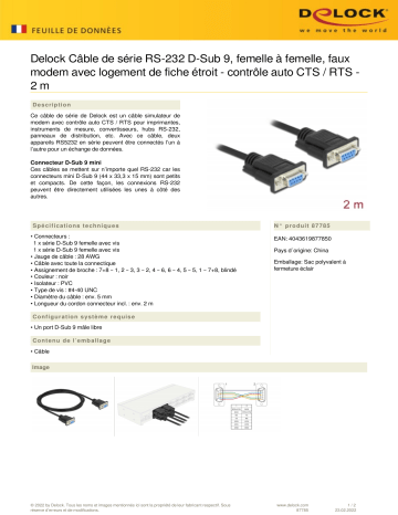 DeLOCK 87785 Serial Cable RS-232 D-Sub 9 female to female null modem Fiche technique | Fixfr