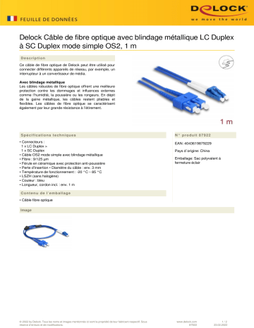 DeLOCK 87922 Fiber Optical Cable Fiche technique | Fixfr