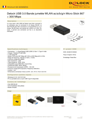DeLOCK 12550 USB 3.0 Dual Band WLAN ac/a/b/g/n Micro Stick 867 + 300 Mbps Fiche technique | Fixfr