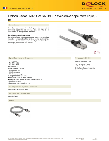 DeLOCK 80109 RJ45 Cable Cat.6A U/FTP Fiche technique | Fixfr