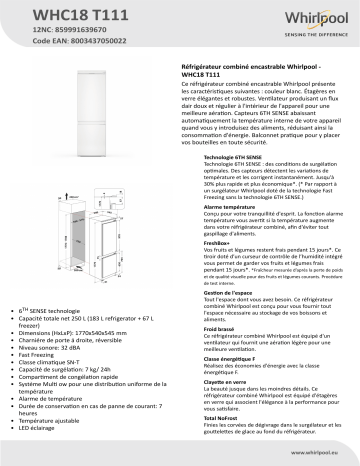 Whirlpool WHC18 T111 Fridge/freezer combination Manuel utilisateur | Fixfr