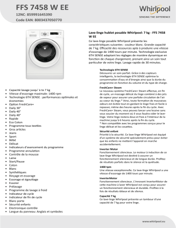 Whirlpool FFS 7458 W EE Washing machine Manuel utilisateur | Fixfr